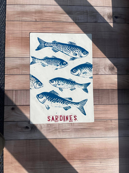 Vintage Stamp Illustration of Sardines | Metal Sign Plaque