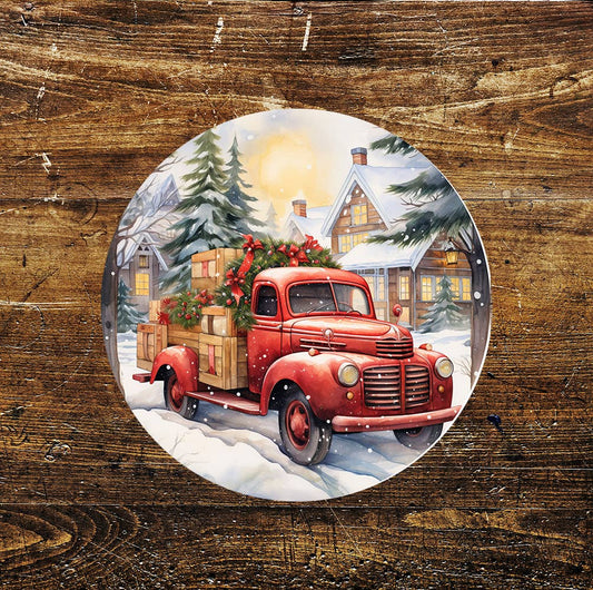 Vintage Christmas Scene Wall Art Circle Metal Sign