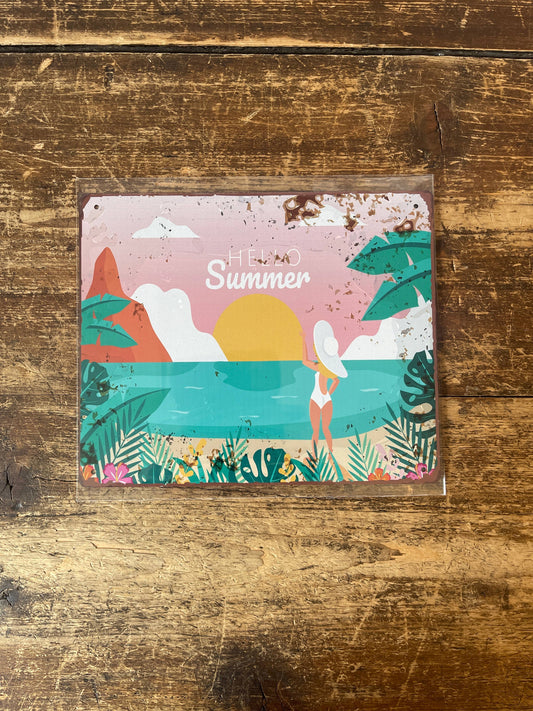 hello summer beach sun | Metal Wall Sign Plaque