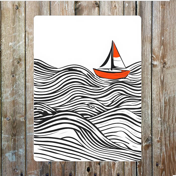 Minimalist Line Art Sailboat In Sea | Metal Sign Plaque