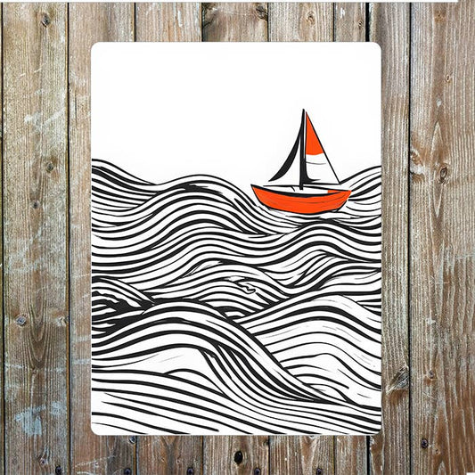 Minimalist Line Art Sailboat In Sea | Metal Sign Plaque
