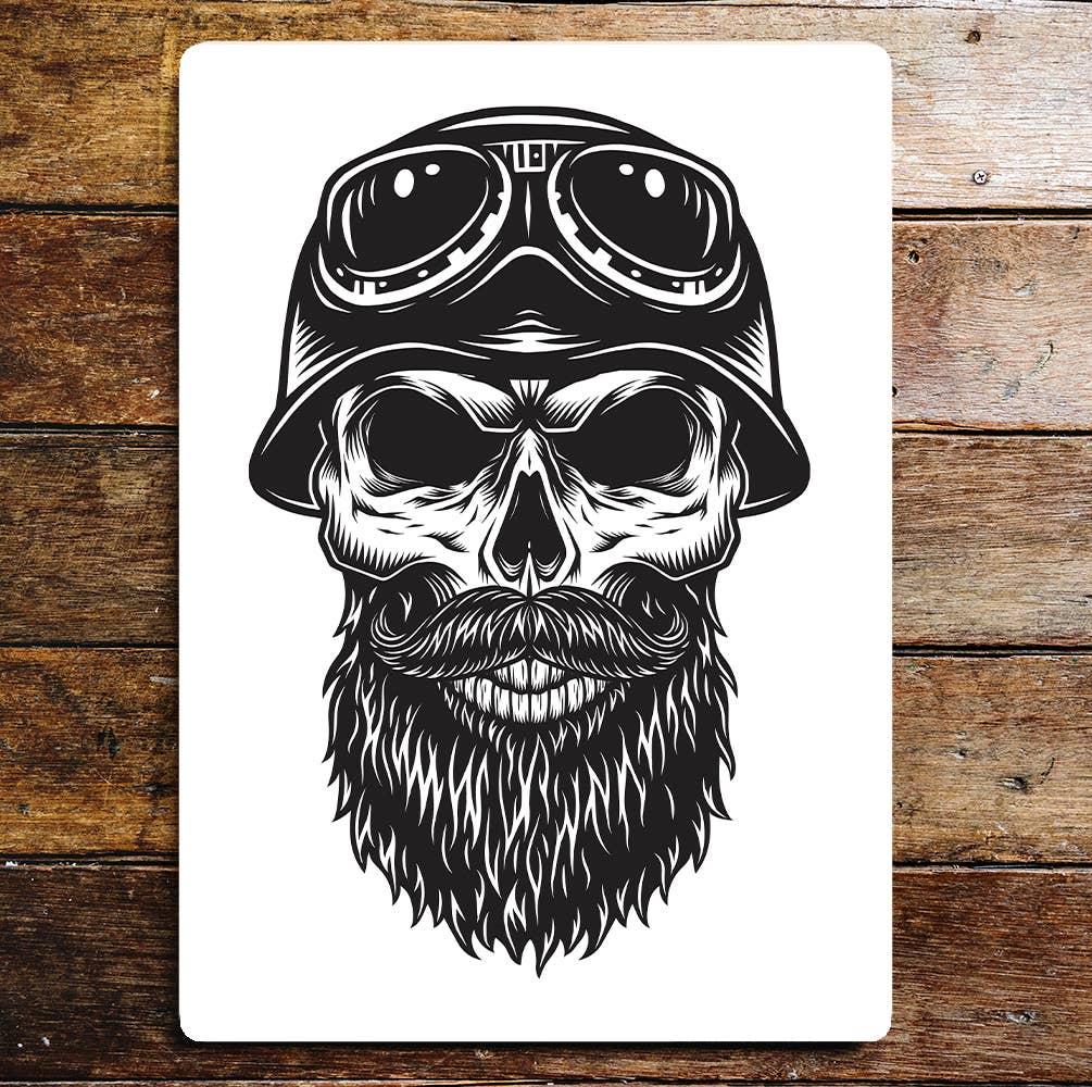 Skull Biker Hat And Goggles Beard Metal Wall Sign
