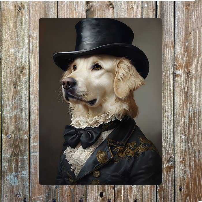 Regal Golden Retriever In Elegant Clothes Metal Sign Plaque