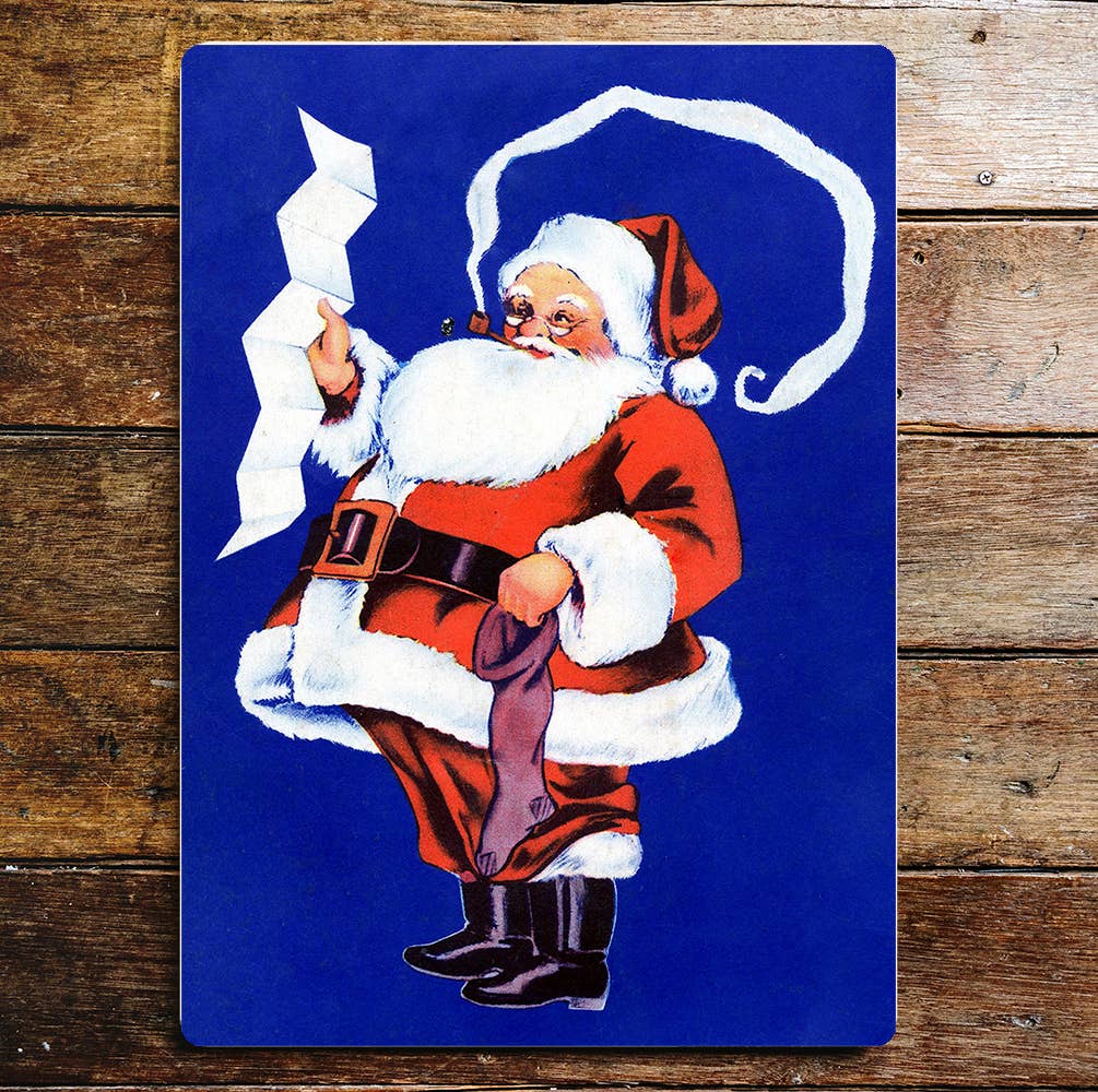 Father Christmas List Stocking Blue | Metal Sign Plaque