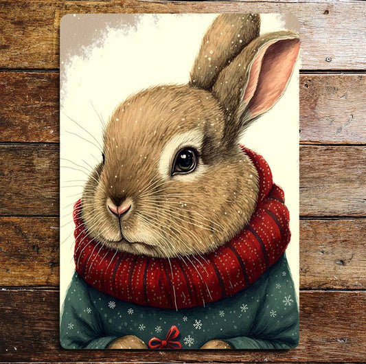 Cute Rabbit Jumper Scarf Portrait | Metal Sign Plaque
