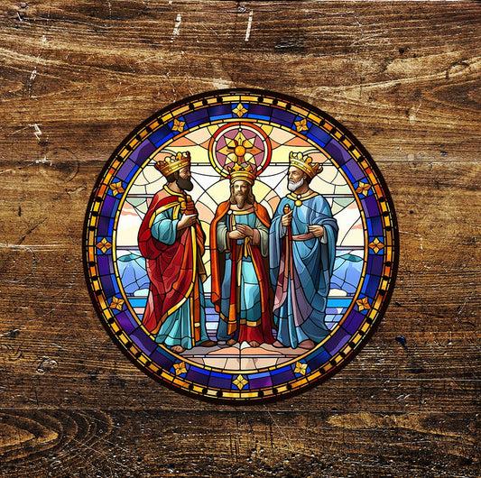 Three Wise Men Stained Glass Mural Affect Circle Metal Sign
