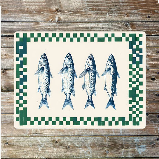 Sardines Illustration Checkered Green Metal Sign Plaque