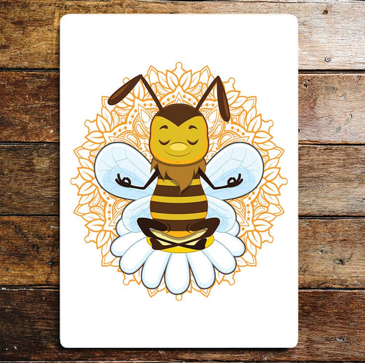Bee happy daisy meditate yoga | Metal Sign plaque