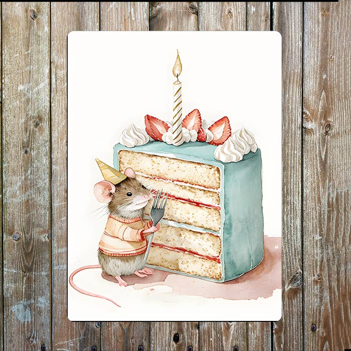 Illustration Of Cake And Mice | Metal Sign Plaque