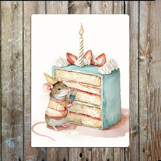 Illustration Of Cake And Mice | Metal Sign Plaque