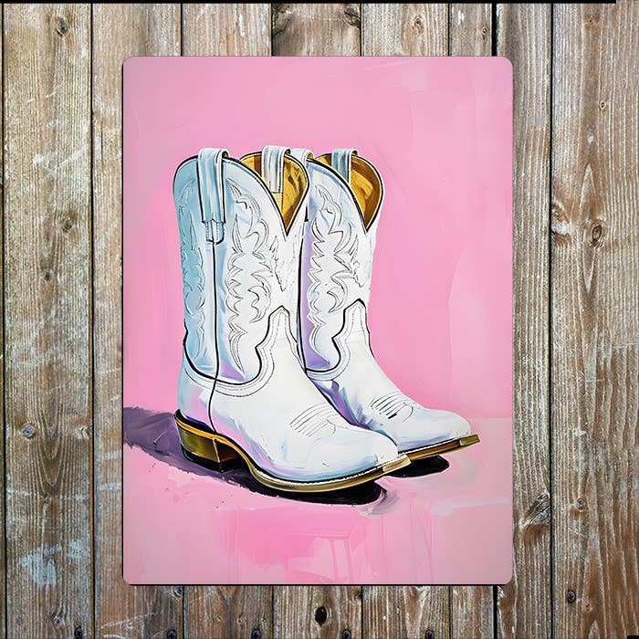 Cowboy Bootw White Pink Western | Metal Sign Plaque