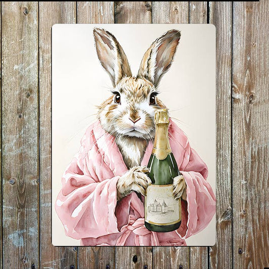 Rabbit In Vintage Clothing Drink Champagne Metal Sign Plaque