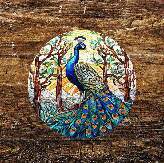 Peacock bird Stained Glass affect Circle Metal Sign