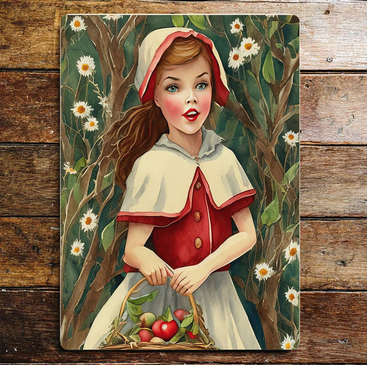 Red riding hood white flowers pretty girl Metal Sign Plaque