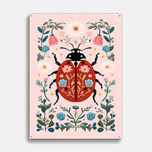 Red Ladybird flowers scandinavian folk Metal Sign Plaque