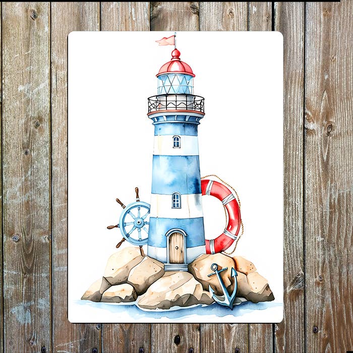 Watercolor Blue Lighthouse Sea Nautical | Metal Sign Plaque