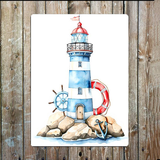 Watercolor Blue Lighthouse Sea Nautical | Metal Sign Plaque