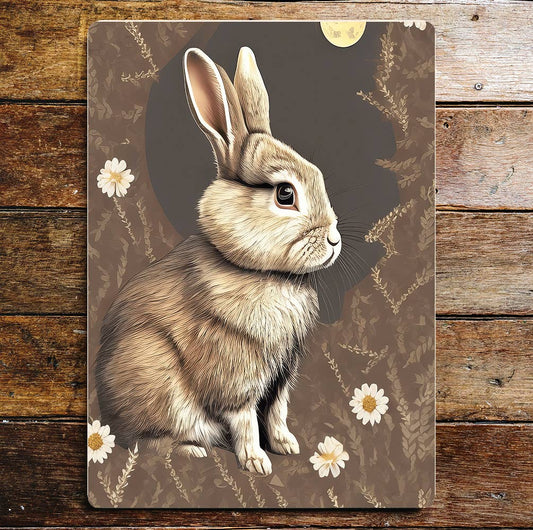Rabbit Sitting Daisy's Brown Metal Sign Plaque