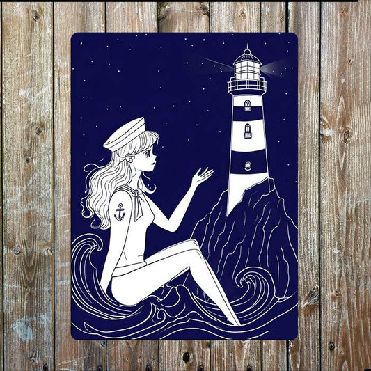 sailor women lighthouse sea Nautical Metal Sign Plaque