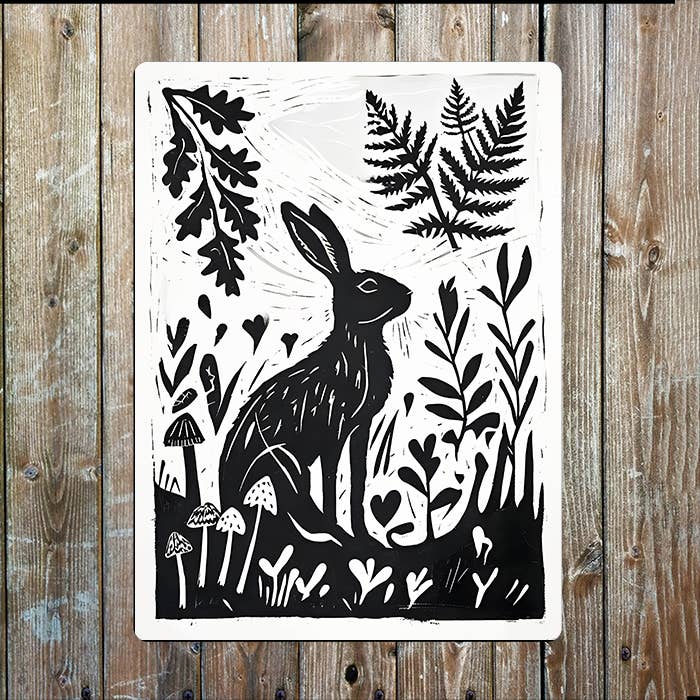 Hare Surrounded By Foliage Linocut Style | Metal Sign Plaque