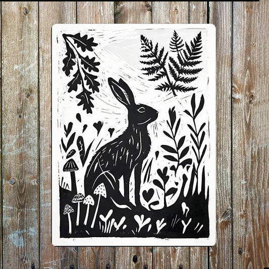 Hare Surrounded By Foliage Linocut Style | Metal Sign Plaque