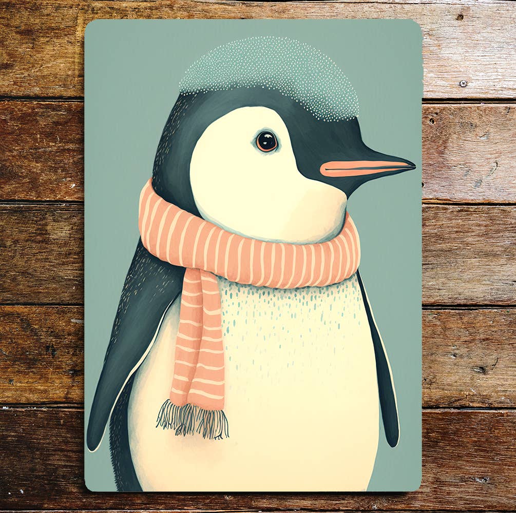 Penguin Stripy Scarf Metal Sign Plaque