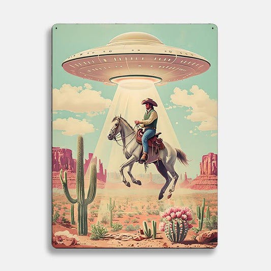 Cowboy Suspended By UFO Beam Desert Alien | Metal Sign Plaque