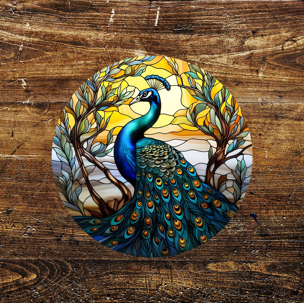 Peacock Sun Stained Glass affect Circle Metal Sign