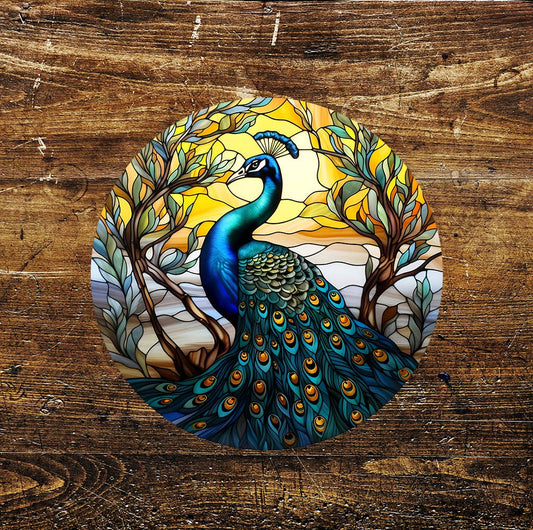 Peacock Sun Stained Glass affect Circle Metal Sign