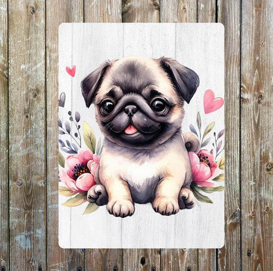 Pug Floral Pink Hearts Metal Sign Plaque