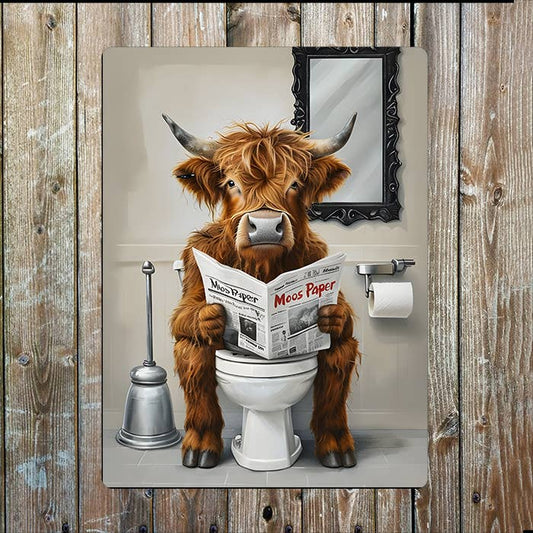 Highland Cow Sitting On Toilet Bathroom | Metal Sign Plaque