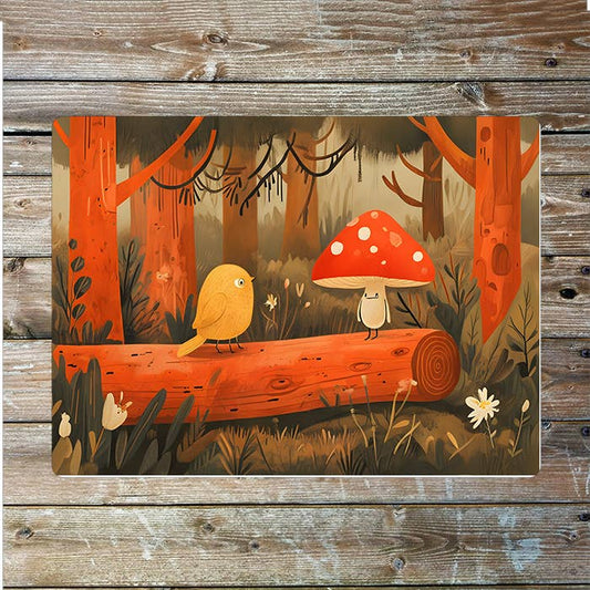 Bird and Muschroom In Autumn Forest | Metal Sign Plaque