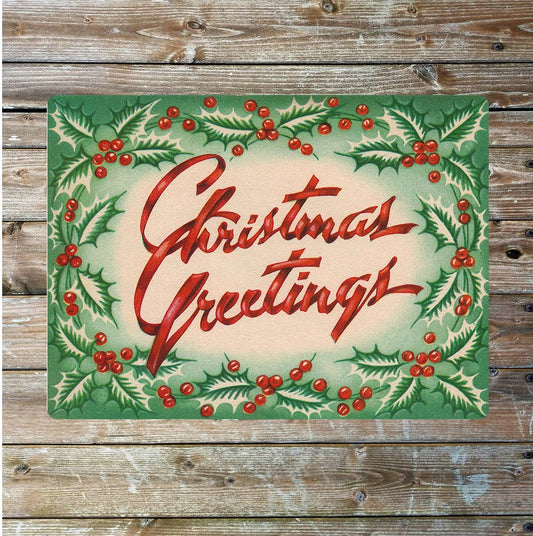 Christmas Greetings Green And Red Holly | Metal Sign Plaque