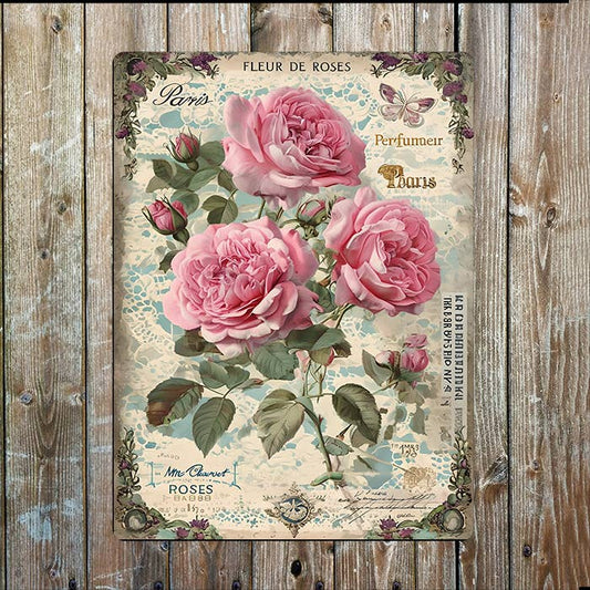 Vintage Floral Pink Rose Aged | Metal Sign Plaque