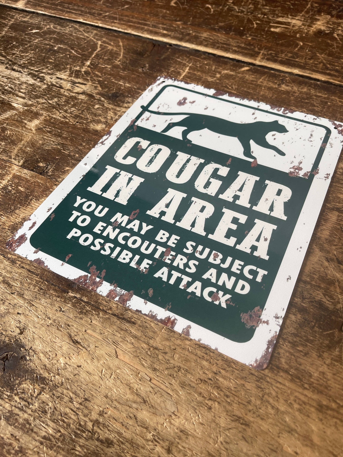 Cougar In Area Park Warning | Metal Sign Plaque