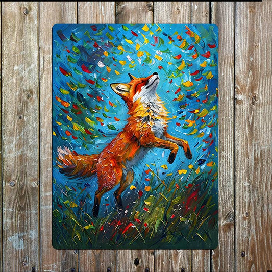 Colourful Joyful Fox Jumping In Air | Metal Sign Plaque