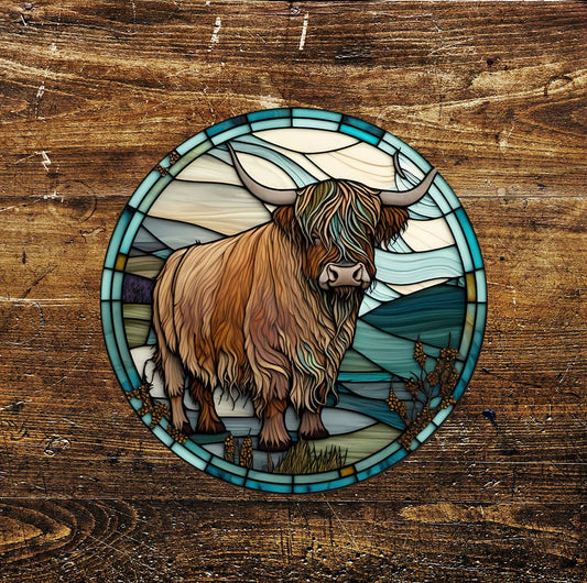 Highland cow Stream Stained Glass Affect Metal Sign Circle