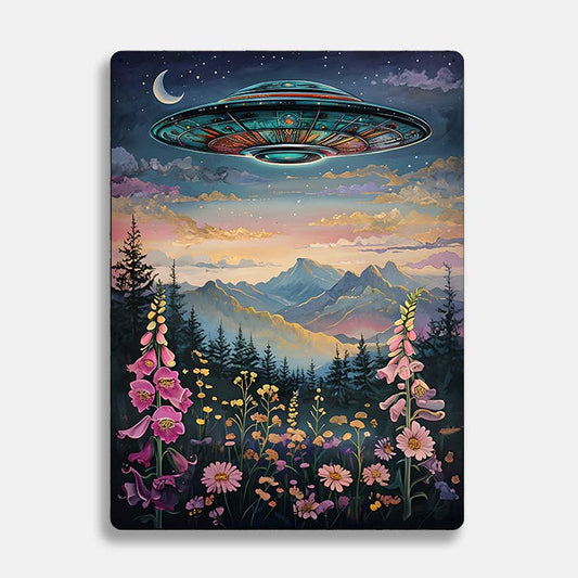 Surreal Landscape Vibrant Floral UFO Alien Metal Sign Plaque