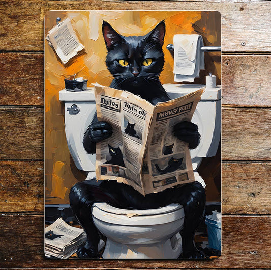 Black Cat on the Toilet Newspaper | Metal Sign Plaque