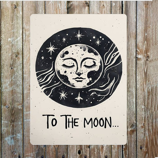 To The Moon Night, woodcut style Metal Sign Plaque