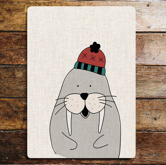 Cute Smiling Walrus Woolly Hat | Metal Sign Plaque