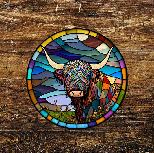 Highland cow Rainbow Stained Glass Affect Circle Metal Sign