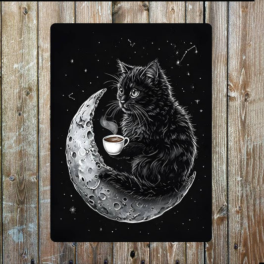 Cat Sitting On Crescent Moon Coffee | Metal Sign Plaque