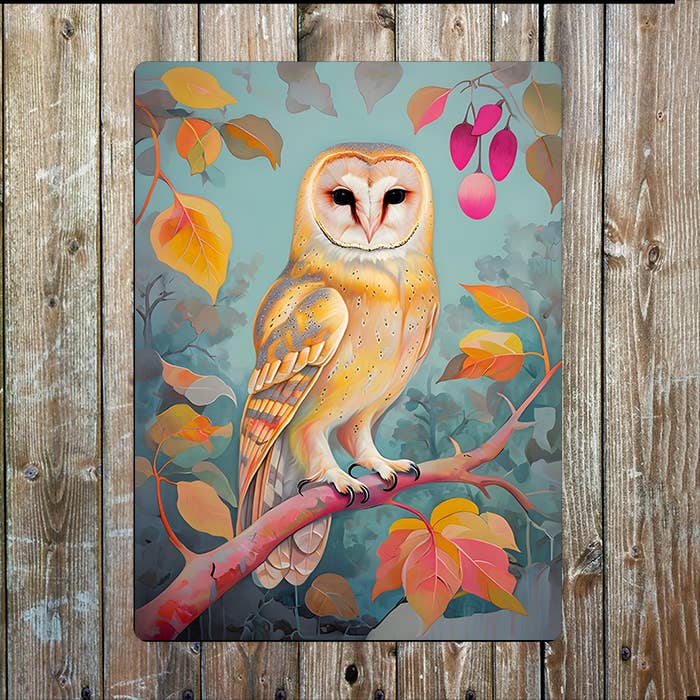 Barn Owl Perched On Curved Branch | Metal Sign Plaque