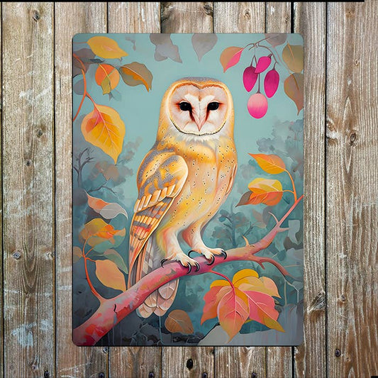 Barn Owl Perched On Curved Branch | Metal Sign Plaque