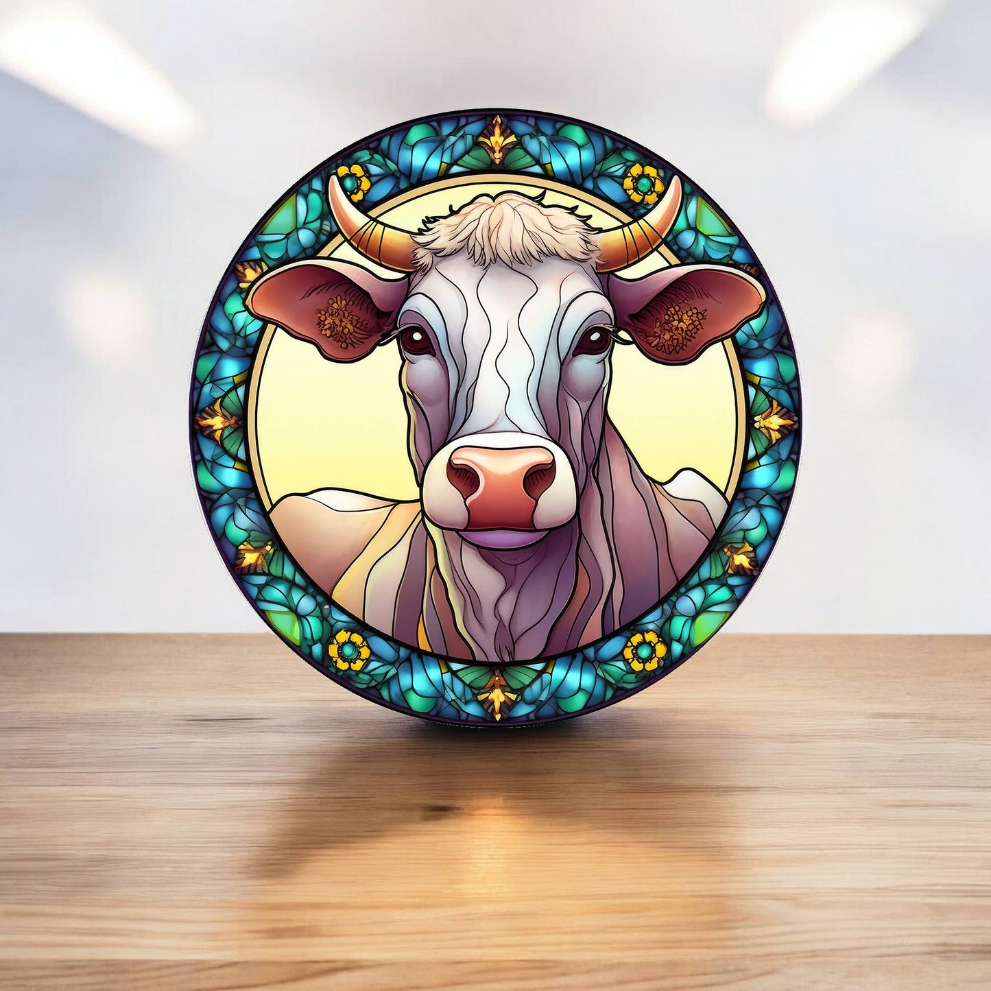 Cow Farmyard Animal Stained Glass Circle Metal Sign
