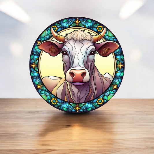 Cow Farmyard Animal Stained Glass Circle Metal Sign