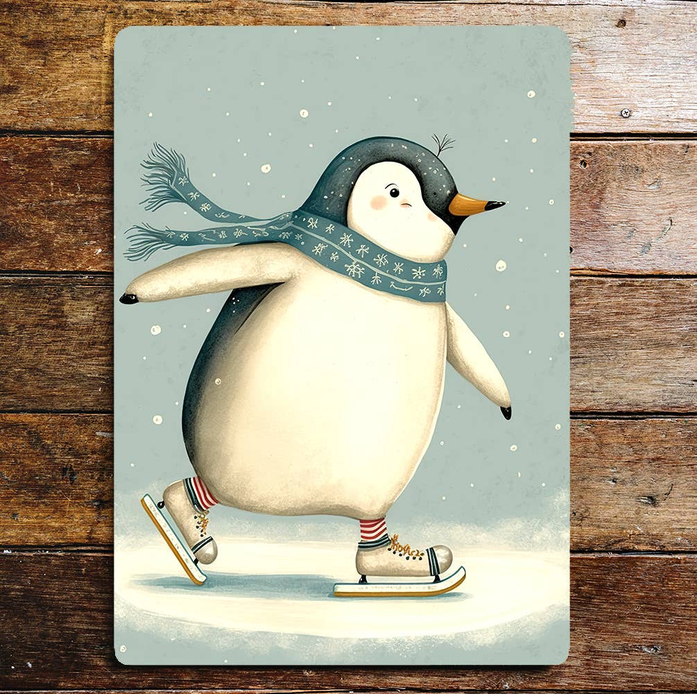 skating penguin blue hat Metal Sign Plaque
