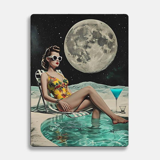 Woman Relaxing Space Planets UFO Alien | Metal Sign Plaque