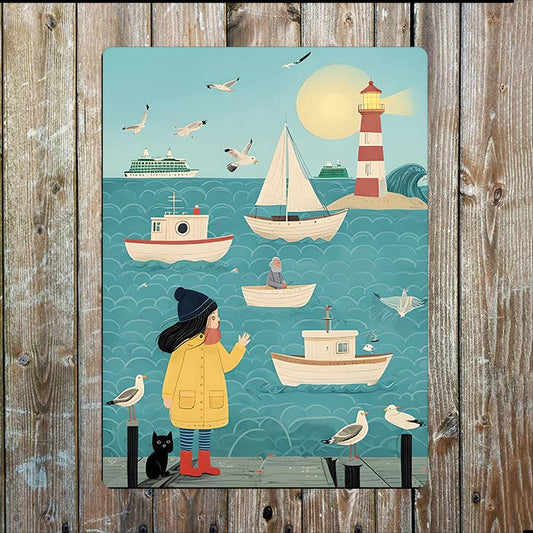 Girl, Cats, And Boats At Sea Nautical | Metal Sign Plaque